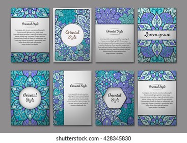 Set of flyers, brochures, templates design. Vintage cards with mandala patterns and ornaments. Floral decorations. Islam, Arabic, Indian, ottoman motifs. Oriental style