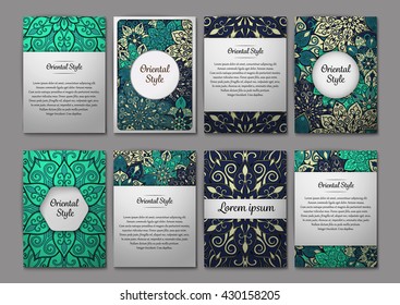 Set of flyers, brochures, templates design. Vintage cards with mandala patterns and ornaments. Floral decorations. Islam, Arabic, Indian, ottoman motifs. Oriental style