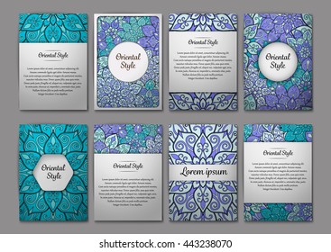 Set of flyers, brochures, templates design. Vintage cards with mandala patterns and ornaments. Floral decorations. Islam, Arabic, Indian, ottoman motifs. Oriental style