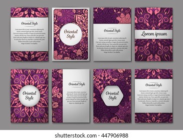 Conjunto de volantes, folletos, diseño de plantillas. Tarjetas de época con patrones de mandala y adornos. Decoración floral. Motivos islámicos, árabes, indios y otomanos. Estilo oriental