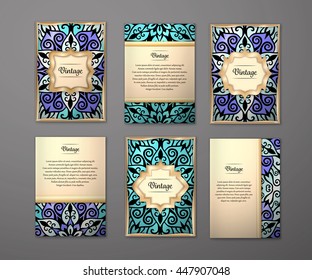 Set of flyers, brochures, templates design. Vintage cards with mandala patterns and ornaments. Floral decorations. Islam, Arabic, Indian, ottoman motifs. Oriental style