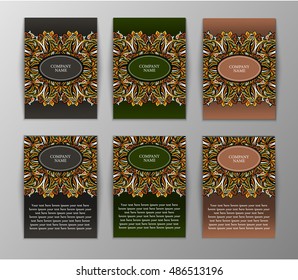 Set of flyers, brochures, templates design. Cards with mandala patterns and ornaments.