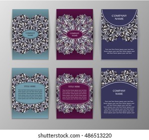 Set of flyers, brochures, templates design. Cards with mandala patterns and ornaments.