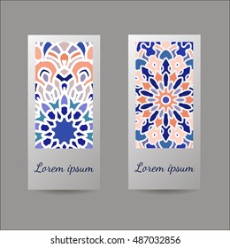 Set of flyers, brochures, templates design. Vintage cards with mandala patterns and ornaments. Islam, Arabic, Indian, ottoman motifs.