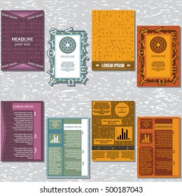A set of flyers, brochures, templates design. Color cards with patterns and ornaments of Greek and Latin letters of ancient alphabets.