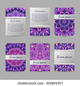 Set of flyers, brochures, templates design. Vintage cards with mandala patterns and ornaments. Islam, Arabic, Indian, ottoman motifs.