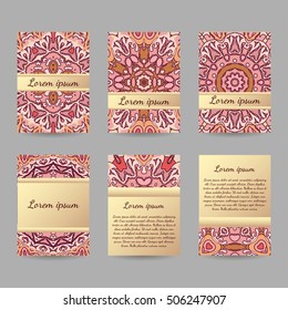 Set of flyers, brochures, templates design. Vintage cards with mandala patterns and ornaments. Islam, Arabic, Indian, ottoman motifs.