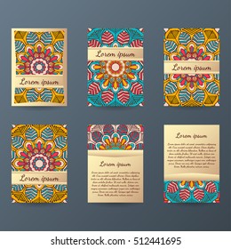 Set of flyers, brochures, templates design. Vintage cards with mandala patterns and ornaments. Islam, Arabic, Indian, ottoman motifs.