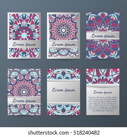 Set of flyers, brochures, templates design. Vintage cards with mandala patterns and ornaments. Islam, Arabic, Indian, ottoman motifs.