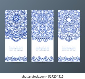 Set of flyers, brochures, templates design. Vintage cards with mandala patterns and ornaments. Islam, Arabic, Indian, ottoman motifs.