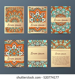 Set of flyers, brochures, templates design. Vintage cards with mandala patterns and ornaments. Islam, Arabic, Indian, ottoman motifs.