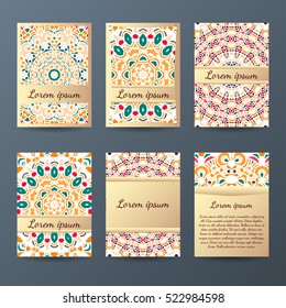 Set of flyers, brochures, templates design. Vintage cards with mandala patterns and ornaments. Islam, Arabic, Indian, ottoman motifs.