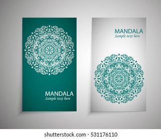 Set of flyers, brochures, templates design. Vintage card with patterns and mandala designs. Floral decoration of Oriental style. Islam, Arabic, Indian, Ottoman motifs.