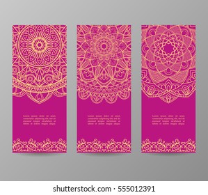 Set of flyers, brochures, templates design. Vintage cards with mandala patterns and ornaments. Islam, Arabic, Indian, ottoman motifs.