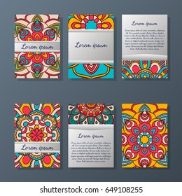 Set of flyers, brochures, templates design. Vintage cards with mandala patterns and ornaments. Islam, Arabic, Indian, ottoman motifs.