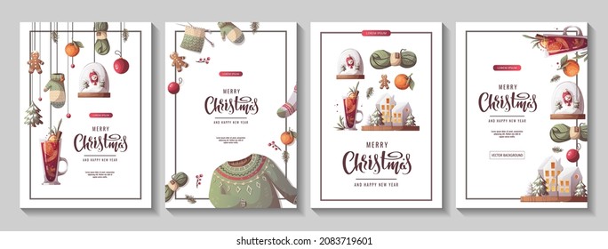 Set of flyers or cards for Merry Christmas and New Year. Cozy winter, home comfort, holidays concept. Vector illustration for poster, banner, card, flyer, cover, advertising.