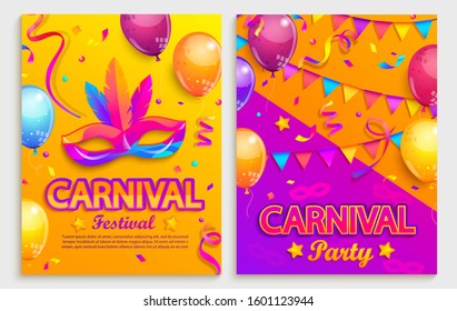 Juego de volantes para el festival de carnaval. Máscara con plumas, confiti, globos, banderas para fiesta. Festividad Mardi gras, carnaval, festival, mascarada, desfile.Plantilla para banners de invitación al diseño.Vector