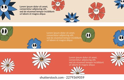 A set of flyers with cartoon flowers in retro style, 70s, 90s. Vector illustration