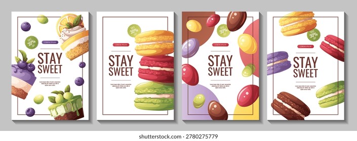 Set of flyers with Cheesecakes, macaroons, jelly beans. Sweet food, dessert, baking, cooking, menu concept. Vector illustration for banner, promo, sale, menu, advertising.