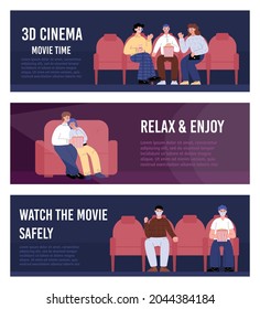 Juego de volantes para el cine con grupos de personas viendo películas, ilustración vectorial plana. Colección de banners horizontales de promoción del cine en 3D.