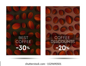 Set of flyers for coffee shop or cafe with coffee beans 3d pattern on the backdrop, cover template