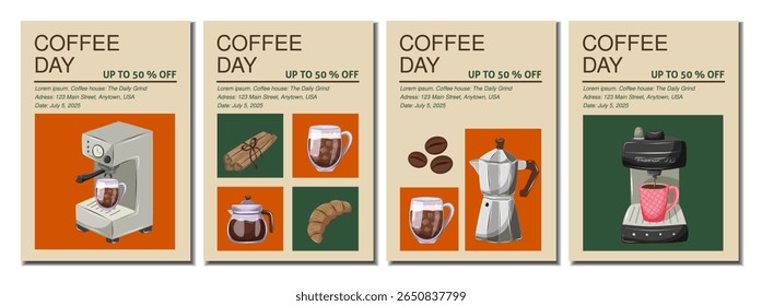 Conjunto de panfletos para cafeteria, café, barista, padaria. Ilustração A4 Vetor para cartaz, banner, capa, folheto, menu, publicidade.