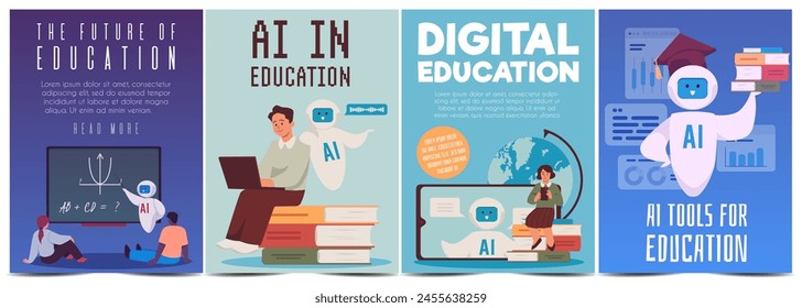 Set of flyers with the concept of artificial intelligence in education. Flat design with space for text showing the concept of future digital education using artificial intelligence.