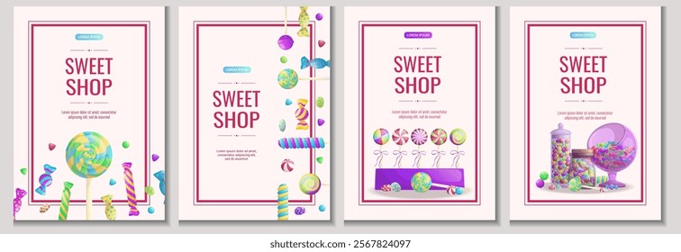 A set of flyers for confectionery, sweets, desserts and confectionery products. Vector illustration in A4 format for posters, banners, covers, flyers, menus, and advertisements.