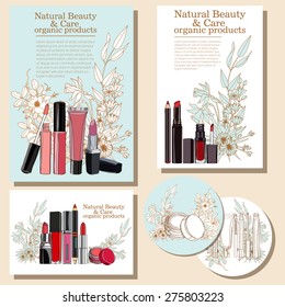 set of flyers for cosmetic products. vector set of corporate identity printed materials - brochures, folder, CD label, flyers, banners
