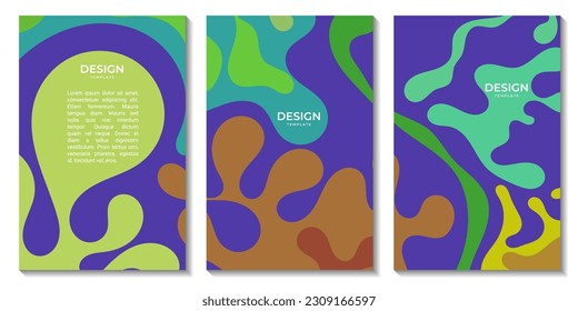 set of flyers cover groovy retro funky liquid line pattern background