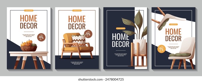 Set of flyers with cozy armchair, dining table, houseplant. Vector illustration for banner, promo, advertising.