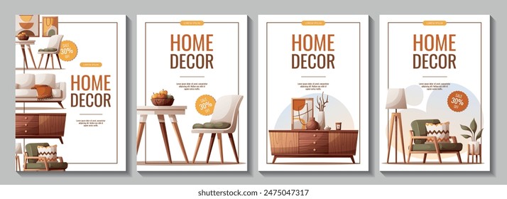 Conjunto de volantes con sofá acogedor, sillón, mesa de comedor, cajones de la caja, decoración interior. Ilustración vectorial para Anuncio, promoción, publicidad.