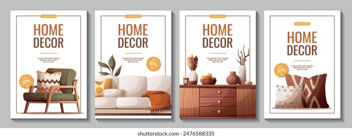 Set of flyers with cozy sofa, armchair, chest of drawers, pillows, interior decor. Vector illustration for banner, promo, advertising.