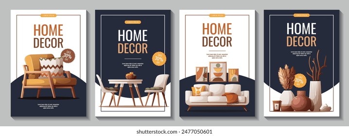 Set of flyers with cozy sofa, armchair, dining table, interior decor. Vector illustration for banner, promo, advertising.