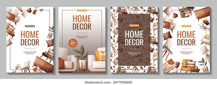 Conjunto de volantes con sofá acogedor, sillón, mesa de comedor, cómoda, decoración interior. Ilustración vectorial para Anuncio, promoción, publicidad.