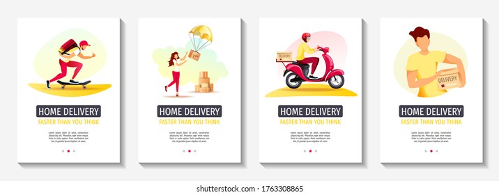 Set of flyers for Delivery services, Ordering, Cargo transportation, Scooter courier, Deliveryman. A4 vector illustration for poster, banner, advertising.
