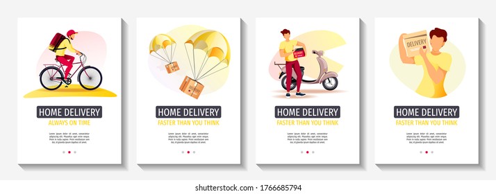 Set of flyers for Delivery services, Ordering, Cargo transportation, courier, Deliveryman. A4 vector illustration for poster, banner, advertising.
