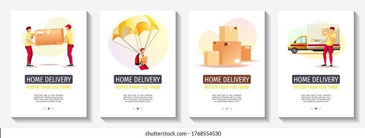 Set of flyers for Delivery services, Ordering, Cargo transportation, Courier, Deliveryman. A4 vector illustration for poster, banner, advertising.