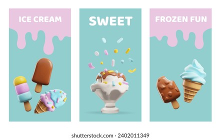 Set of flyers with different ice creams 3D style, vector illustration isolated on white background. Decorative designs collection, frozen fun, sweet dessert, tasty food