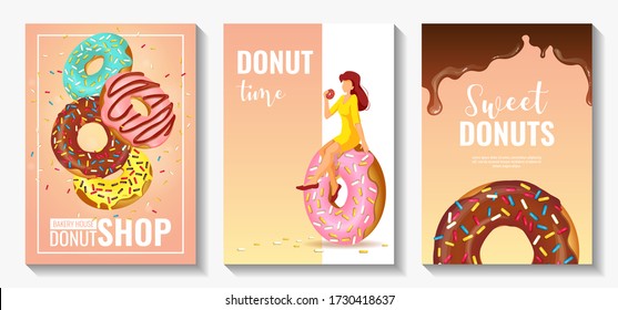 Set of flyers for Donut Shop, Sweet products, Bakery, Confectionery, Dessert. Donuts with various toppings and tiny woman. A4 vector illustration for poster, banner, flyer, commercial, menu, cover. 