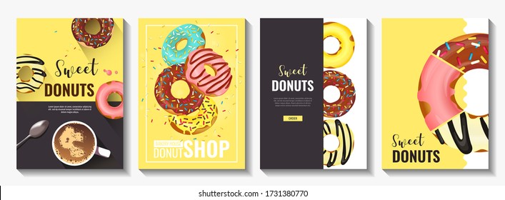 Set of flyers for Donut Shop, Sweet products, Bakery, Confectionery, Dessert. Donuts with various toppings. A4 vector illustration for poster, banner, flyer, commercial, menu, cover, advertising. 
