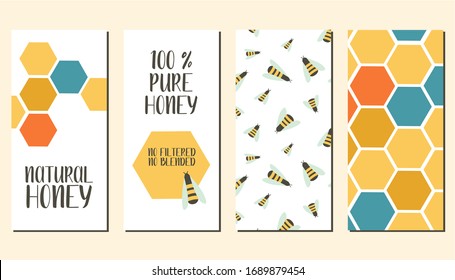 Set of flyers with drawn bees, honeycombs. Flat vector illustration. Perfect for logo, business cards, cafe menu, branding, food flyers, icon, packaging design