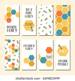 Juego de volantes con abejas dibujadas, peines de miel. Ilustración vectorial plana. Perfecto para logotipo, tarjetas de visita, menú de café, marca, volantes de comida, icono, diseño de embalaje