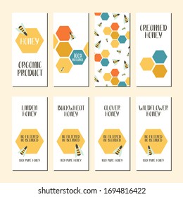 Set of flyers with drawn bees, honeycombs. Flat vector illustration. Perfect for logo, business cards, cafe menu, branding, food flyers, icon, packaging design