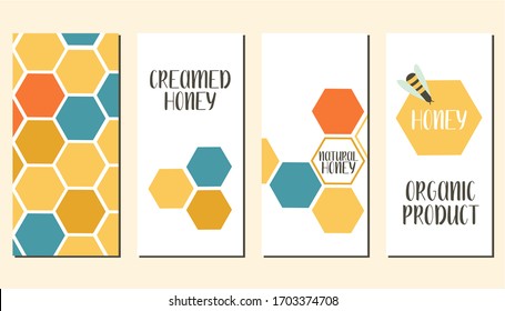 Set of flyers with drawn bees, honeycombs. Flat vector illustration. Perfect for logo, business cards, cafe menu, branding, food flyers, icon, packaging design