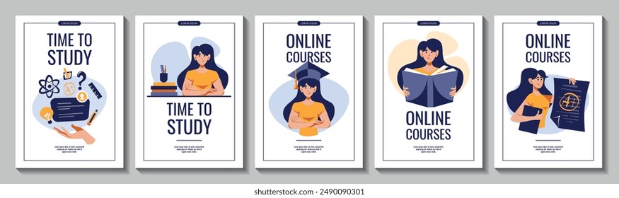 Set of flyers for education, knowledge, studying, reading, student, creating concept. Flat style vector illustration for banner, promo, advertising.