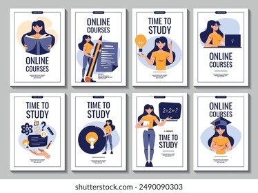 Set of flyers for education, knowledge, studying, reading, student, creating concept. Flat style vector illustration for banner, promo, advertising.