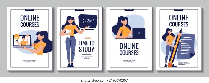 Set of flyers for education, knowledge, studying, student, teaching, e-learning concept. Flat style vector illustration for banner, promo, advertising.