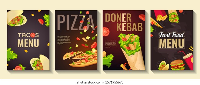 Set of flyers for fast food, cooking, cafe and restaurant menu, food ordering, junk food. Pizza, Tacos, Kebab and Burger. Vector illustration perfect for banner, poster, flyer, cover, menu, brochure.