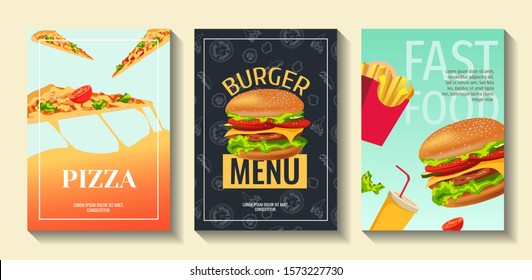 Set of flyers for fast food, cooking, cafe and restaurant menu, food ordering, junk food. Pizza, Burger, French fries and Soda. Vector illustration for banner, poster, flyer, cover, menu, brochure.